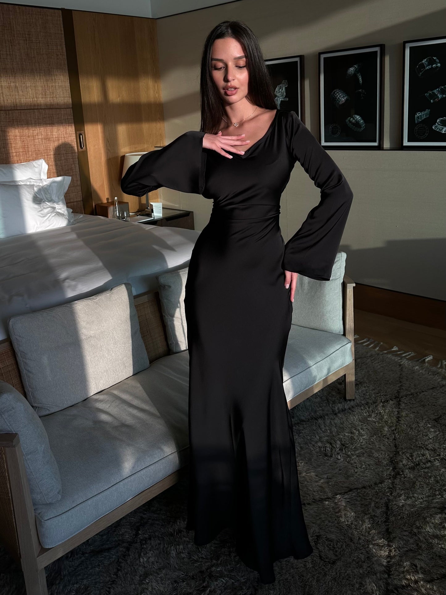 Long-Sleeve Maxi Dress – Flowing Satin Occasion Dress