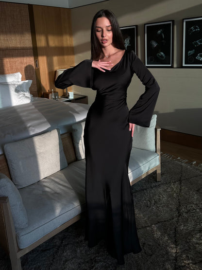 Long-Sleeve Maxi Dress – Flowing Satin Occasion Dress