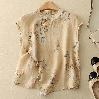 Women's sleeveless floral mandarin-collar top