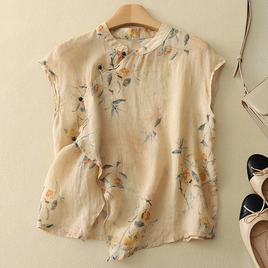 Women's sleeveless floral mandarin-collar top