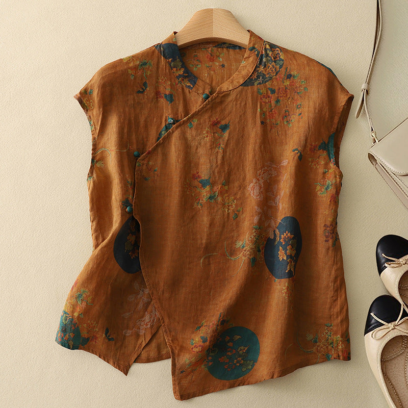 Women's sleeveless floral mandarin-collar top