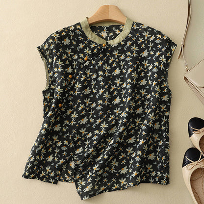 Women's sleeveless floral mandarin-collar top
