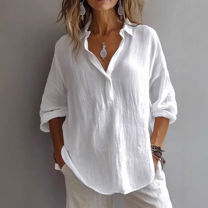 Women's casual linen button-up shirt with wide sleeves