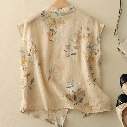 Women's sleeveless floral mandarin-collar top
