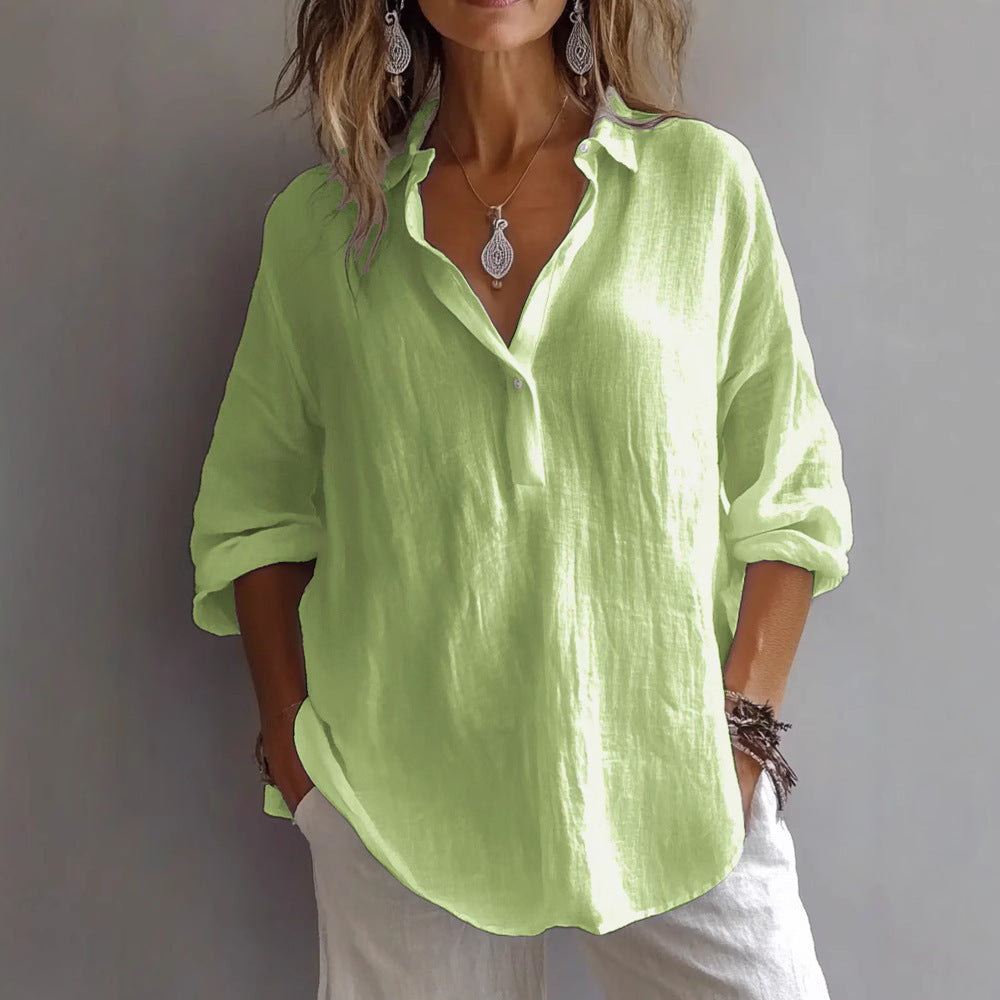 Women's casual linen button-up shirt with wide sleeves