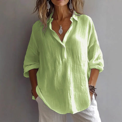 Women's casual linen button-up shirt with wide sleeves