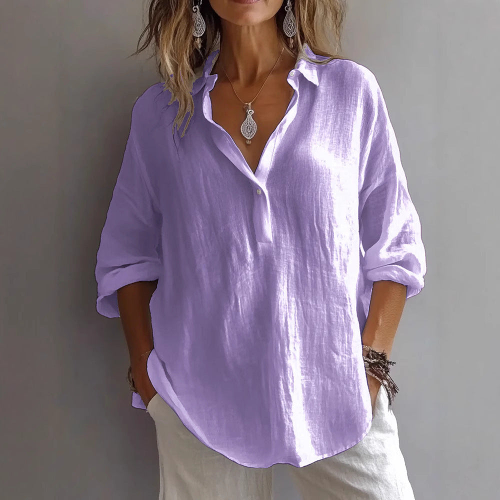 Women's casual linen button-up shirt with wide sleeves