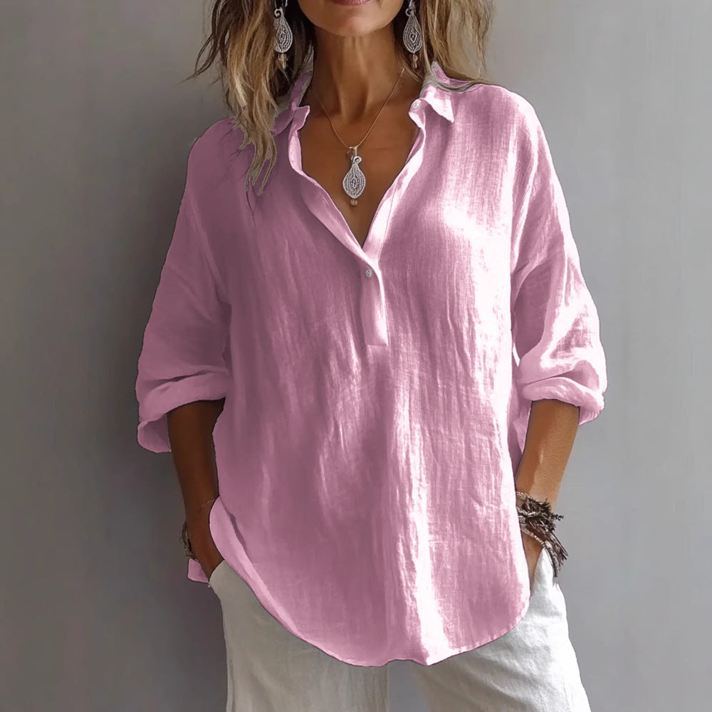 Women's casual linen button-up shirt with wide sleeves
