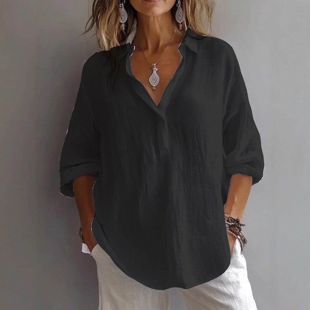 Women's casual linen button-up shirt with wide sleeves