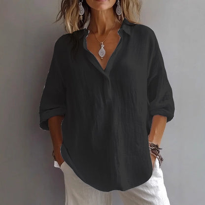 Women's casual linen button-up shirt with wide sleeves