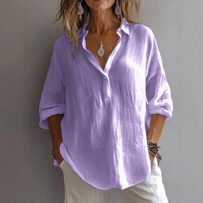 Women's casual linen button-up shirt with wide sleeves