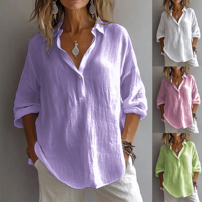 Women's casual linen button-up shirt with wide sleeves