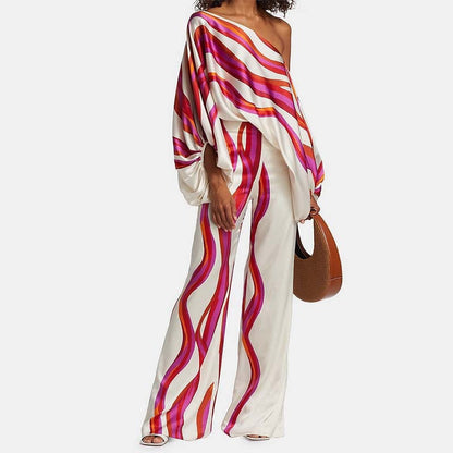 Women's off-shoulder top and wide-leg trousers two-piece set