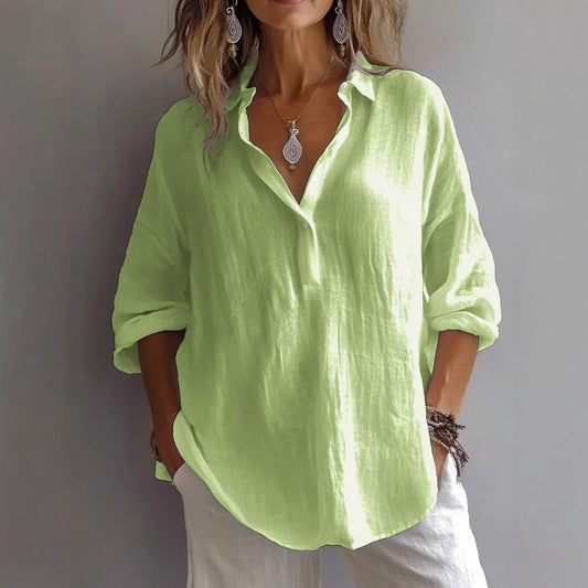 Women's casual linen button-up shirt with wide sleeves