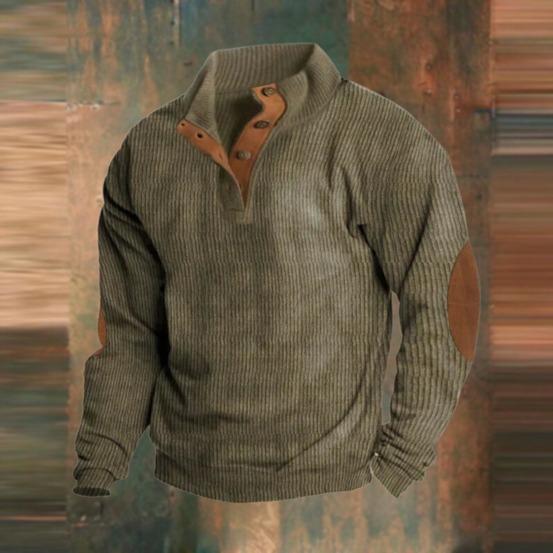 Men's green ribbed cotton jumper with button collar