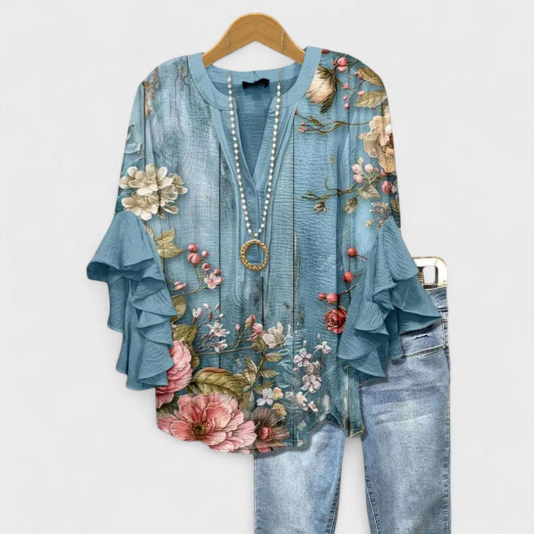 Women's striped ruffle-sleeve blouse