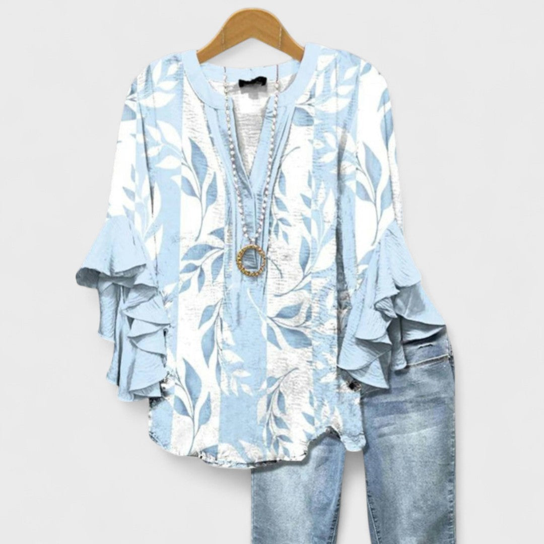 Women's printed ruffle-sleeve blouse