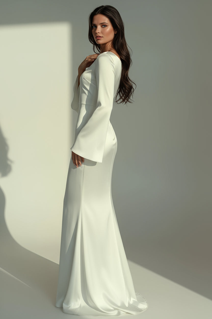 Women's fitted satin maxi dress with long flared-cuff sleeves