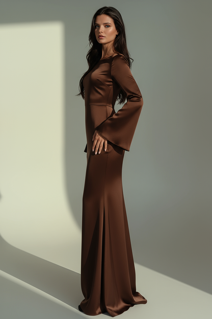 Women's fitted satin maxi dress with long flared-cuff sleeves