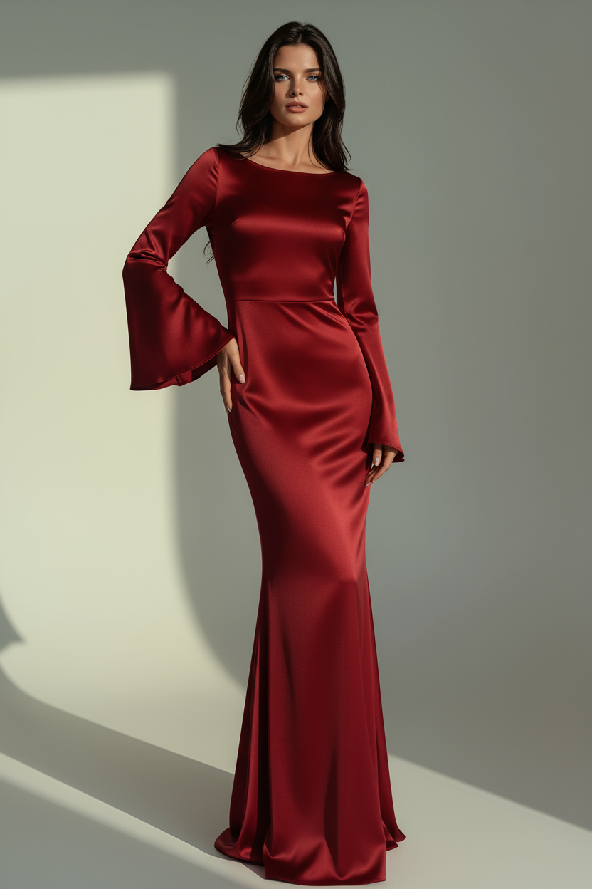 Women's fitted satin maxi dress with long flared-cuff sleeves