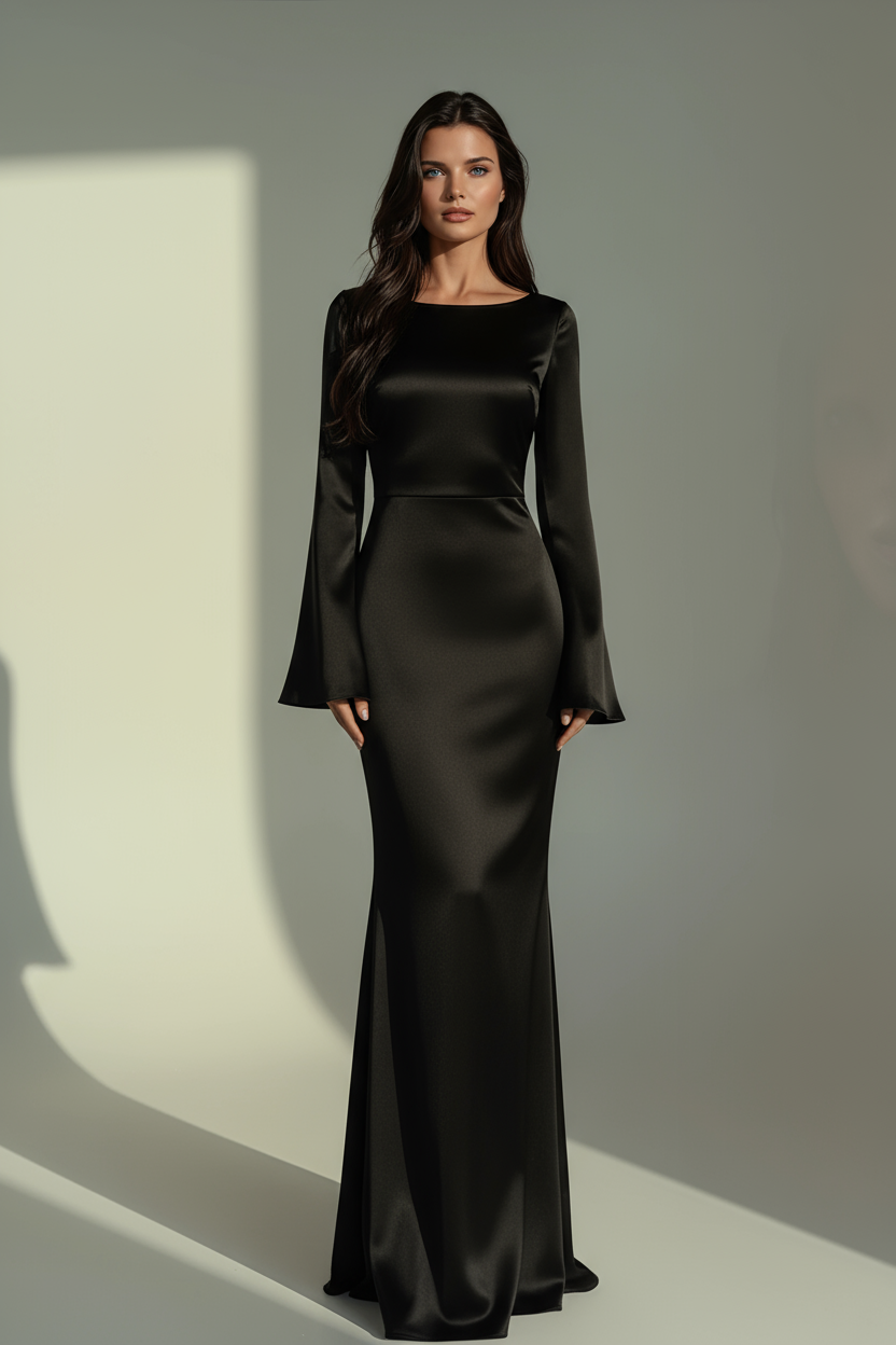 Women's fitted satin maxi dress with long flared-cuff sleeves