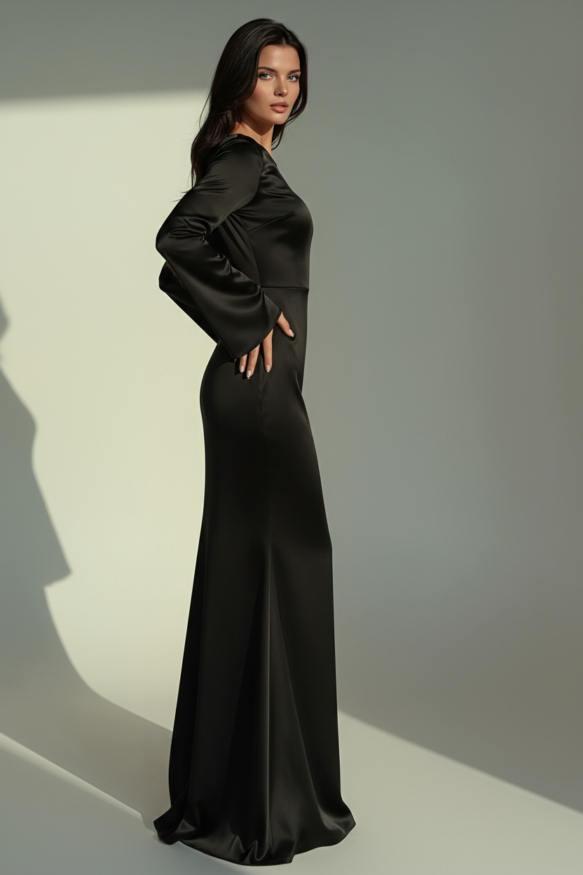 Women's fitted satin maxi dress with long flared-cuff sleeves