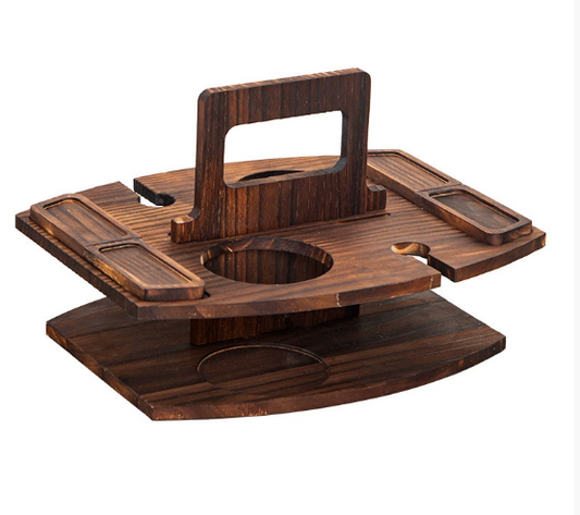Oak portable picnic wine table with bottle and glasses
