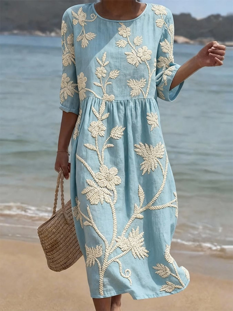 Women's floral round-neck midi dress