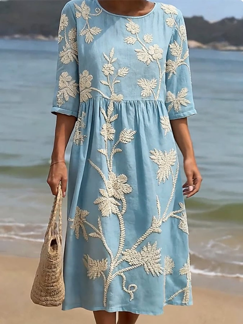 Women's floral round-neck midi dress