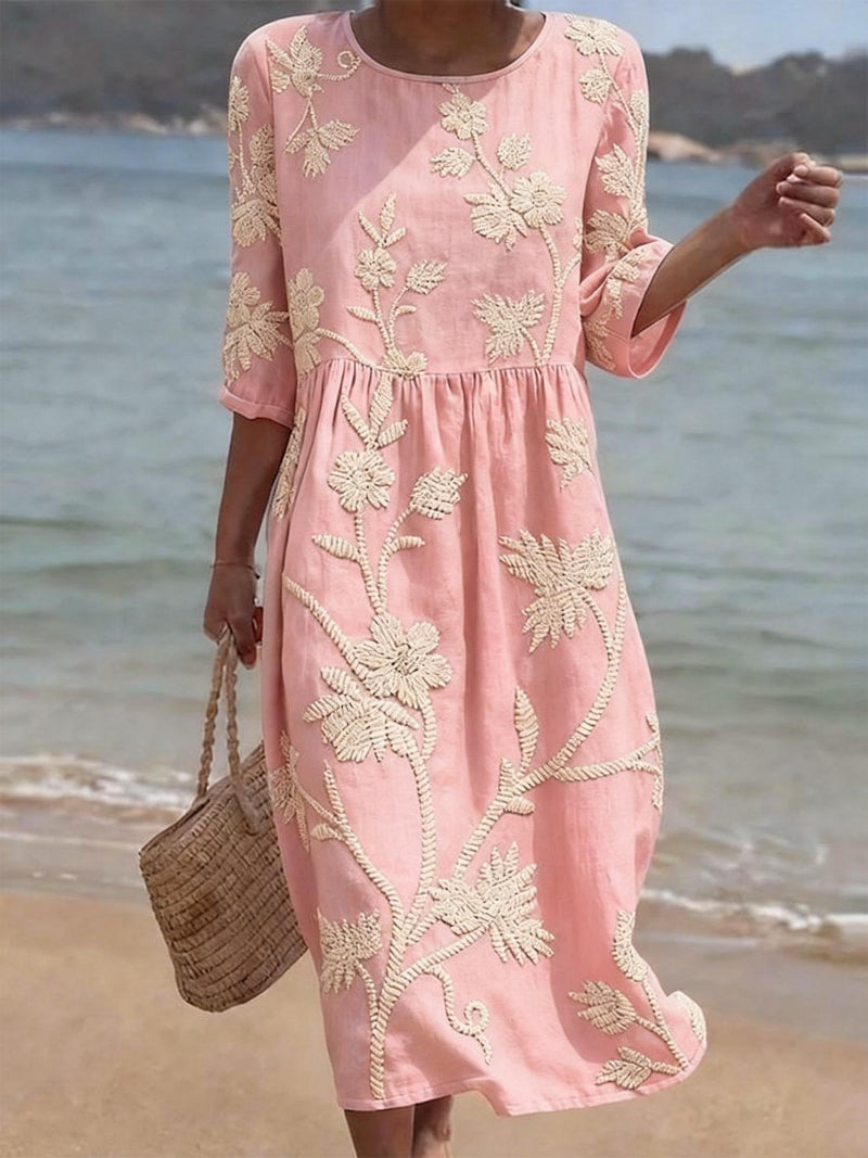 Women's floral round-neck midi dress