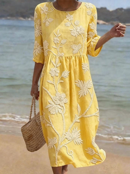 Women's floral round-neck midi dress