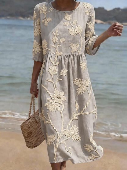 Women's floral round-neck midi dress