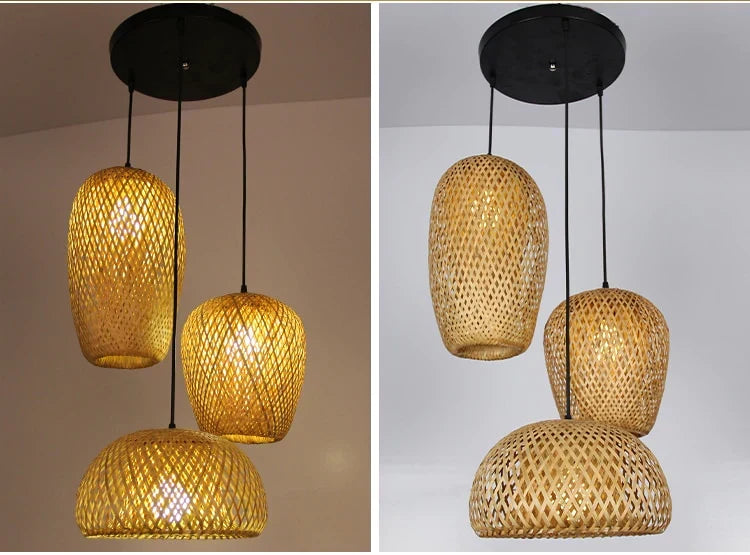 Woven Rattan Pendant Light – 3-Shade Boho Ceiling Light