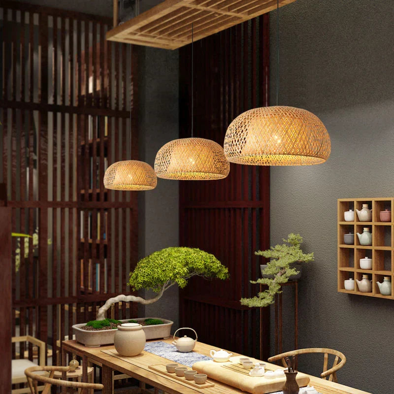 Woven Rattan Pendant Light – 3-Shade Boho Ceiling Light