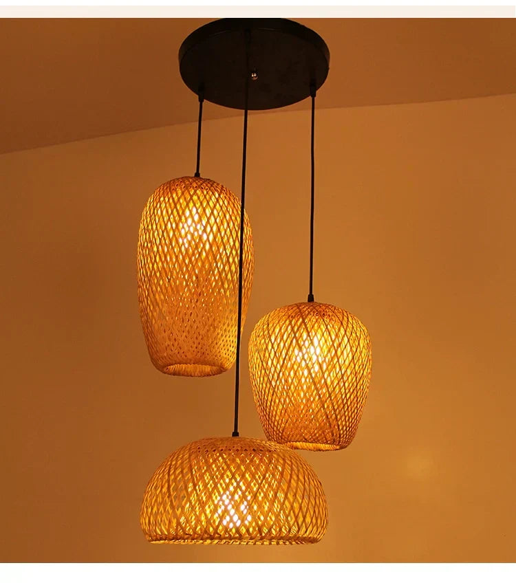 Woven Rattan Pendant Light – 3-Shade Boho Ceiling Light