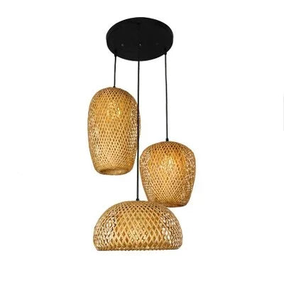 Woven Rattan Pendant Light – 3-Shade Boho Ceiling Light