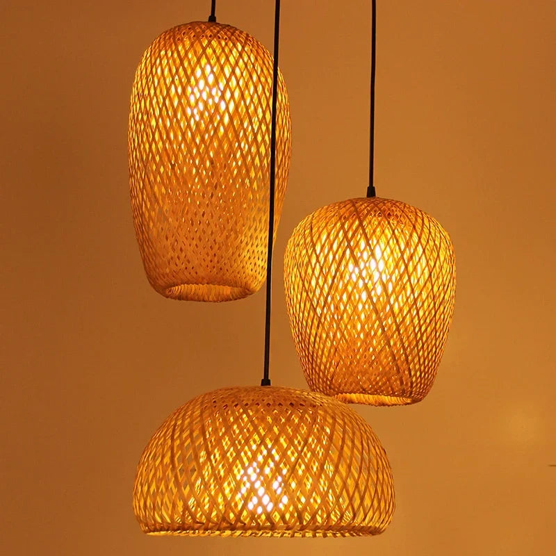 Woven Rattan Pendant Light – 3-Shade Boho Ceiling Light