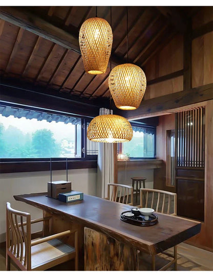 Woven Rattan Pendant Light – 3-Shade Boho Ceiling Light