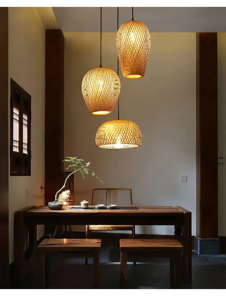 Woven Rattan Pendant Light – 3-Shade Boho Ceiling Light