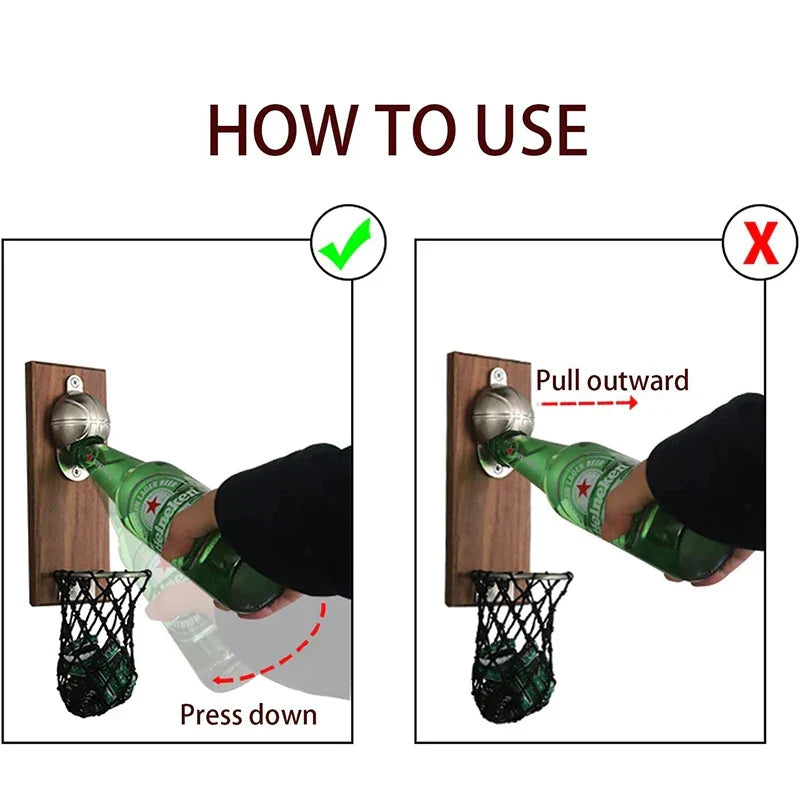 Basketball net wooden wall bottle opener with cap catcher