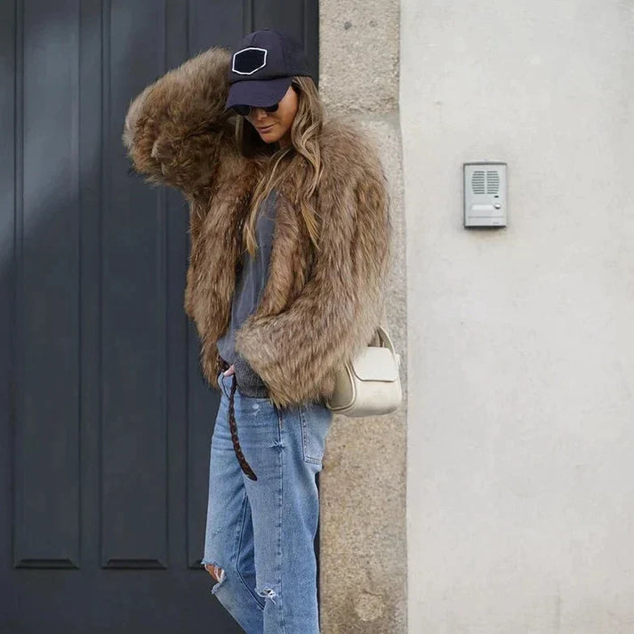 Women's plush faux-fur coat - front