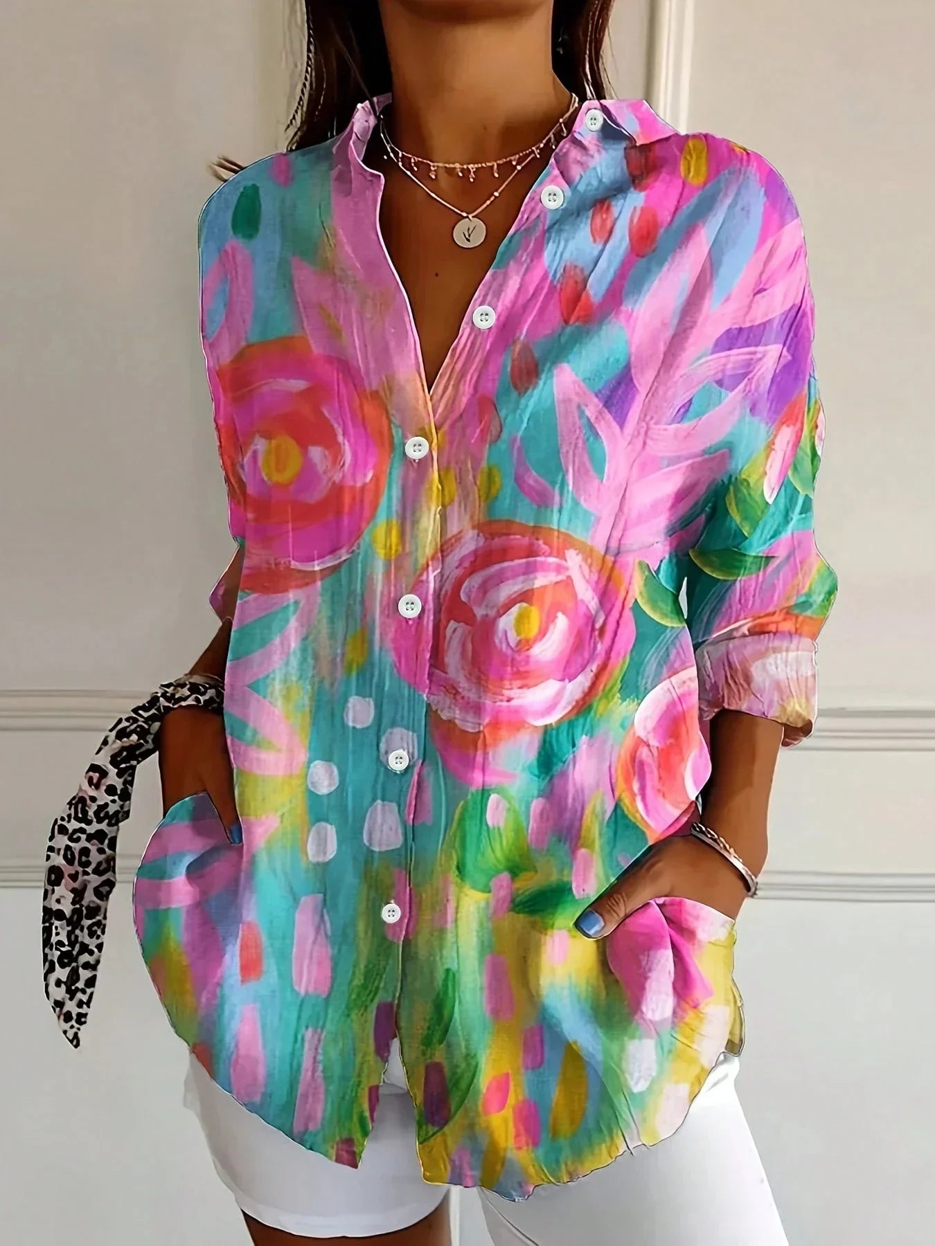 Women's abstract print button-front blouse - front