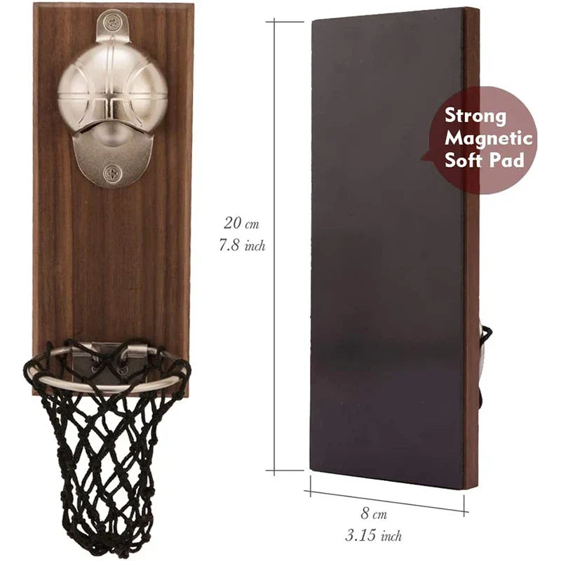 Basketball net wooden wall bottle opener with cap catcher