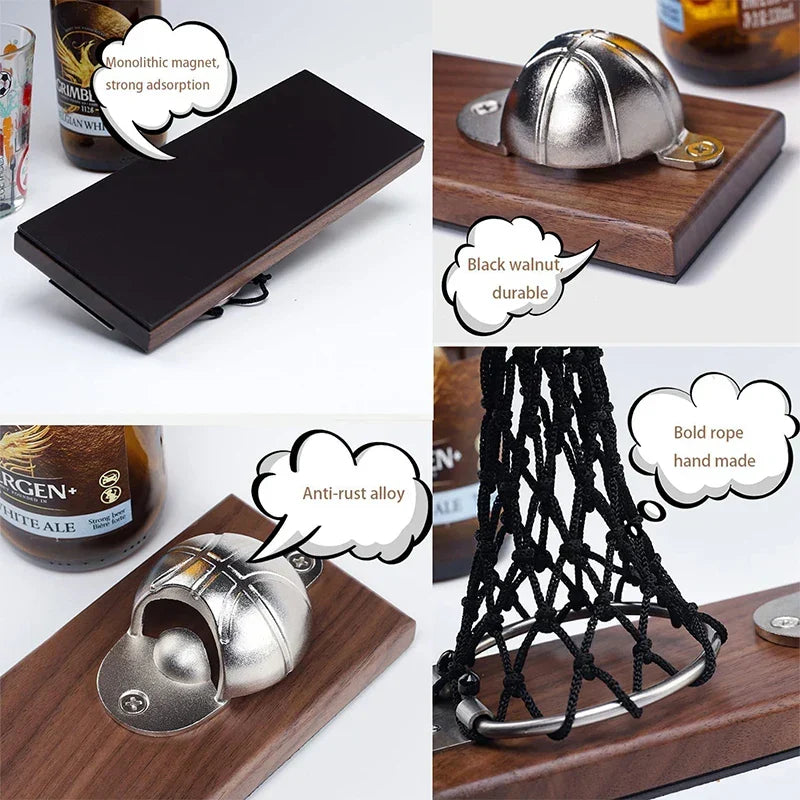 Basketball net wooden wall bottle opener with cap catcher