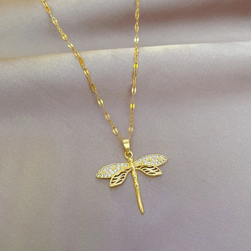 Dragonfly Pendant Gold Necklace with Crystal Detail