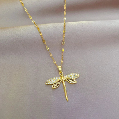 Dragonfly Pendant Gold Necklace with Crystal Detail