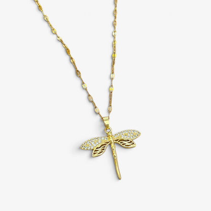 Dragonfly Pendant Gold Necklace with Crystal Detail