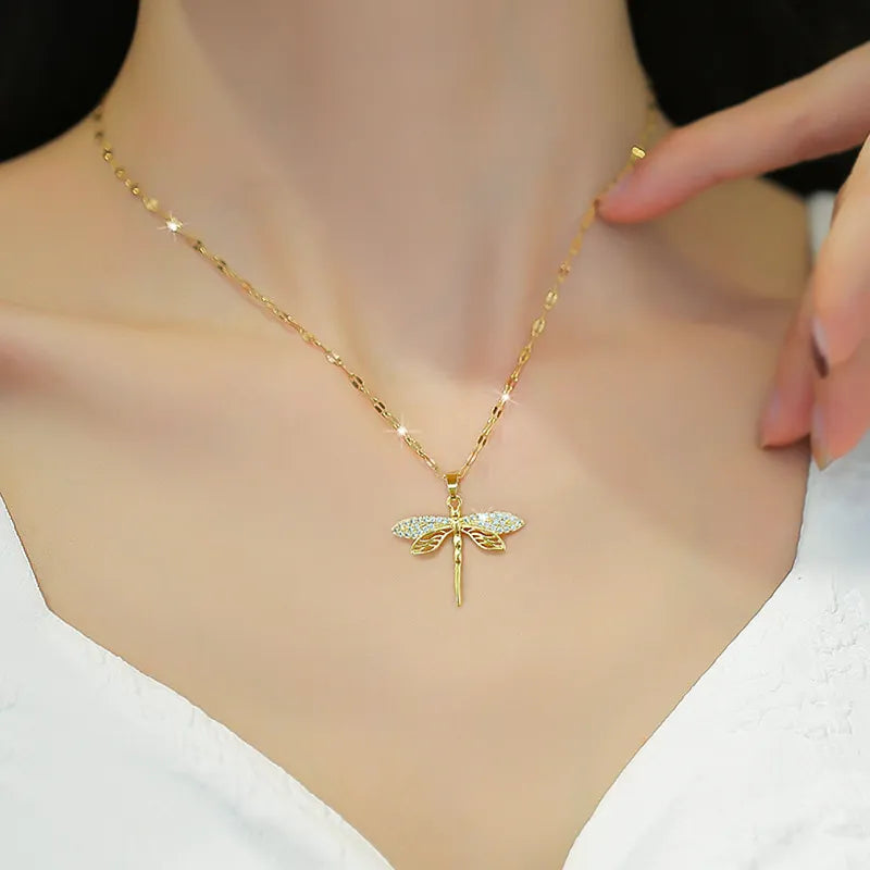 Dragonfly Pendant Gold Necklace with Crystal Detail