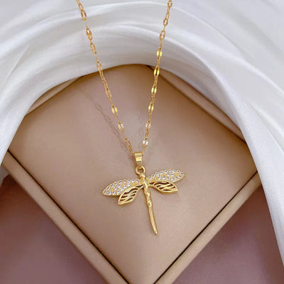 Dragonfly Pendant Gold Necklace with Crystal Detail