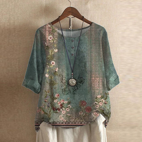 Women's vintage floral short-sleeve blouse - front